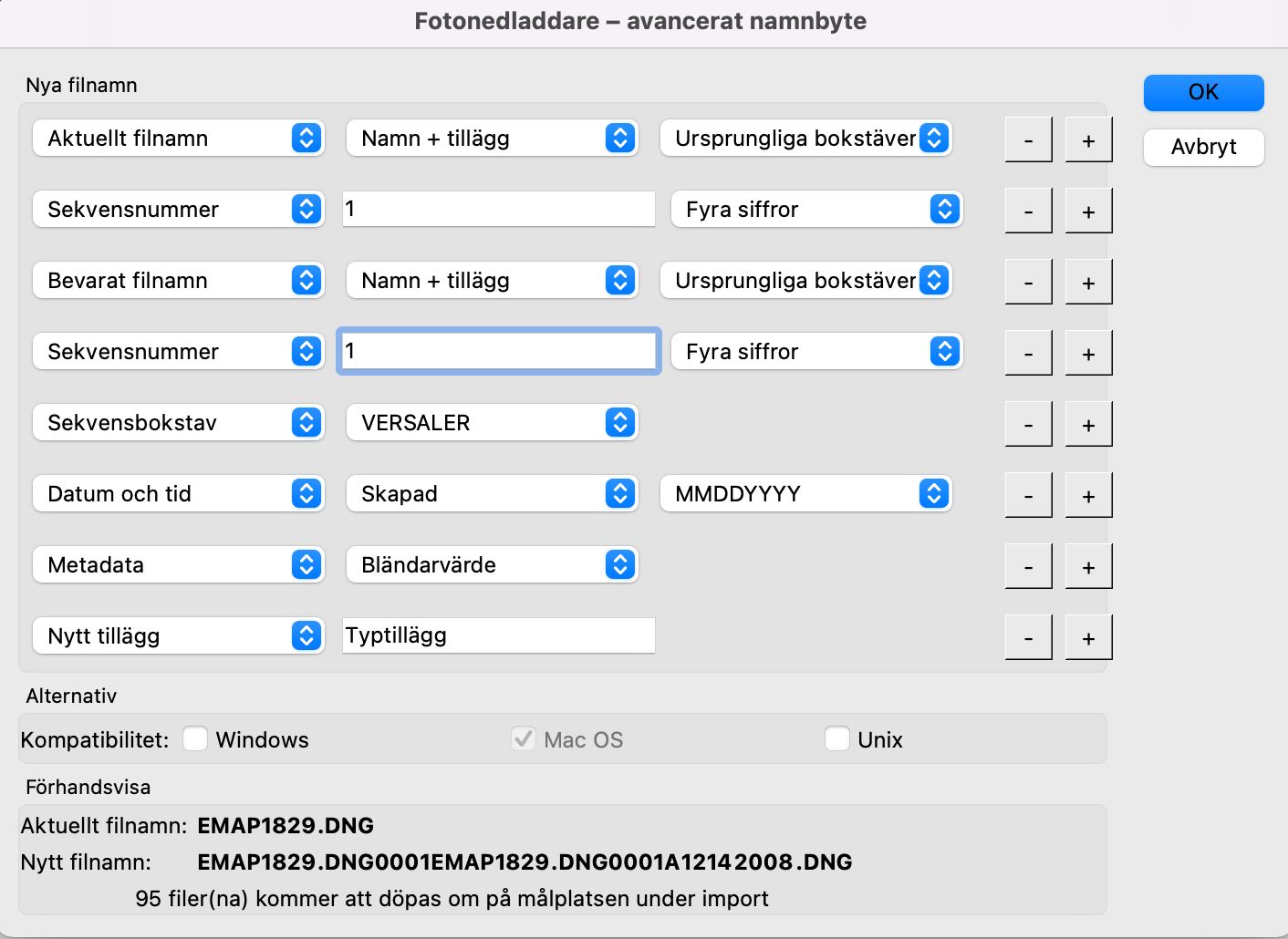 Photo Downloader - Avancerad namnändring. Endast tillgänglig i macOS.