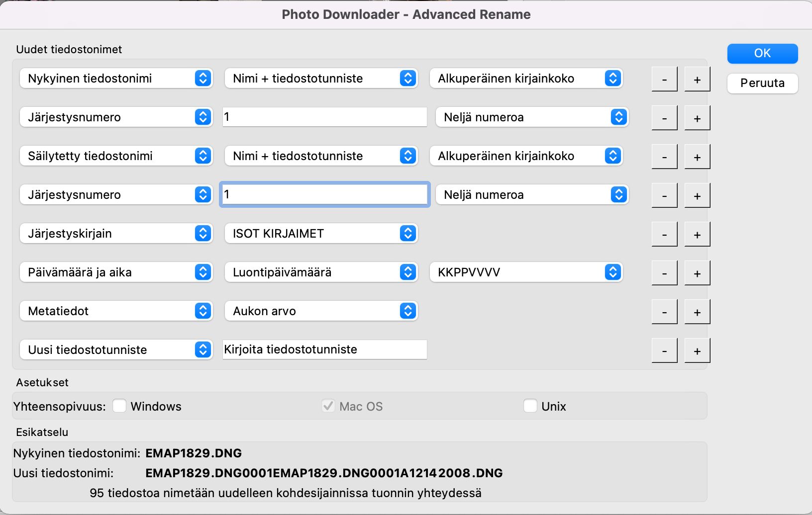 Photo Downloader - Advanced Rename (Edistynyt uudelleennimeäminen). Käytettävissä vain Mac OS:ssä.