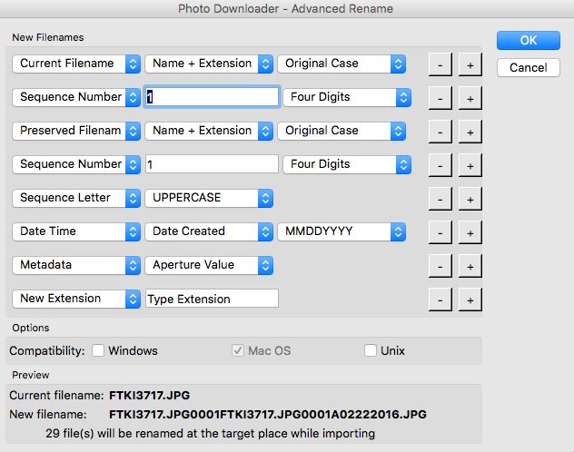 Photo Downloader – avanserte valg for å gi nytt navn til filer. Bare tilgjengelig på macOS.
