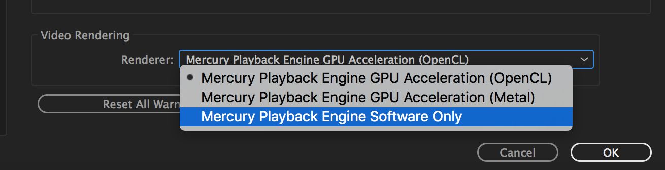 Cambiar procesador a Solo modo de software Mercury Playback Engine