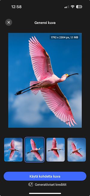 Näyttö, jossa näkyy neljä tekoälyn generoimaa kuvavaihtoehtoa, joiden alla on Käytä kuvaa -painike.