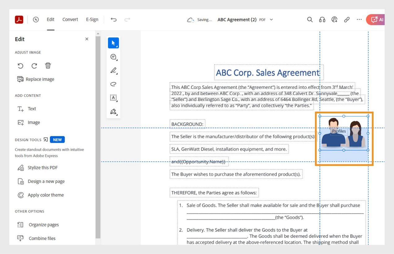 A kijelölt képen vízszintes és függőleges pontozott vonalak jelennek meg az igazításhoz és a pozicionáláshoz. A képszerkesztő eszközök a bal oldali ablaktáblán jelennek meg.