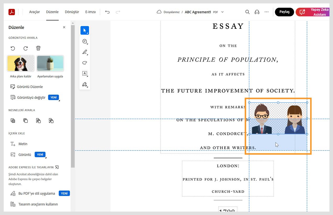 Seçilen görüntü, hizalayıp konumlandırmak için yatay ve dikey noktalı çizgileri gösterir. Görüntü düzenleme araçları sol bölmede görüntülenir.