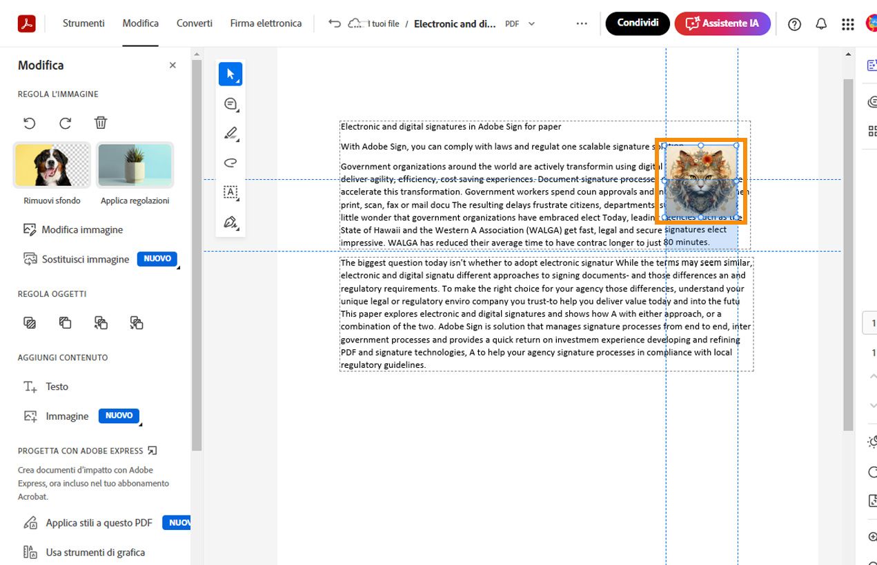 Immagine selezionata che mostra linee tratteggiate orizzontali e verticali per allinearla e posizionarla. Gli strumenti di modifica dell’immagine vengono visualizzati nel riquadro a sinistra.
