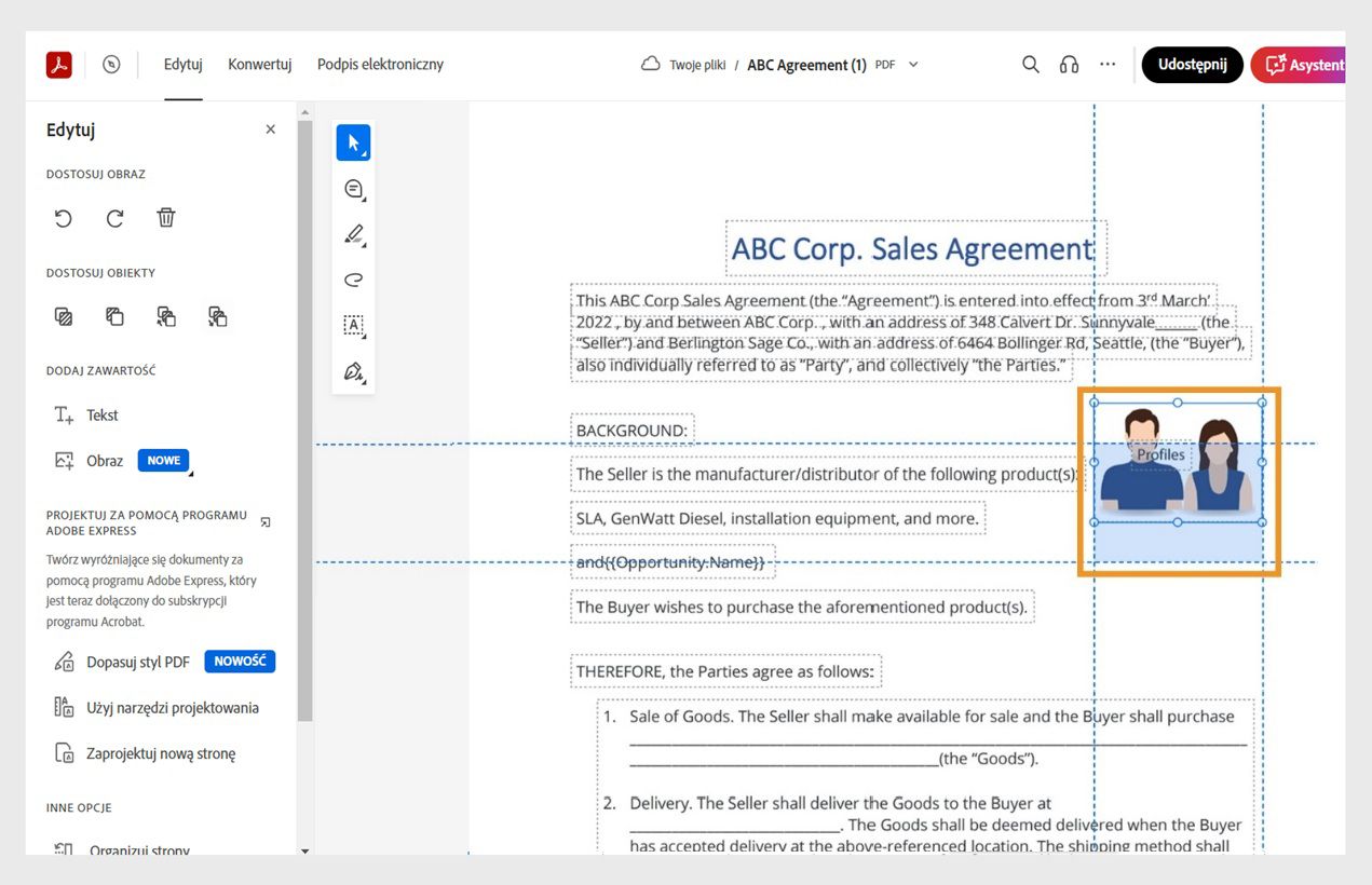 Na wybranym obrazie widoczne są poziome i pionowe linie przerywane służące do jego wyrównania i pozycjonowania. Narzędzia do edycji obrazów są wyświetlane w okienku z lewej strony.