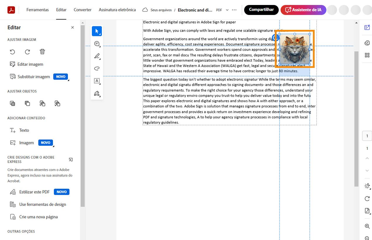A imagem selecionada mostra linhas pontilhadas horizontais e verticais para alinhá-la e posicioná-la. Ferramentas de edição de imagem são exibidas no painel esquerdo.