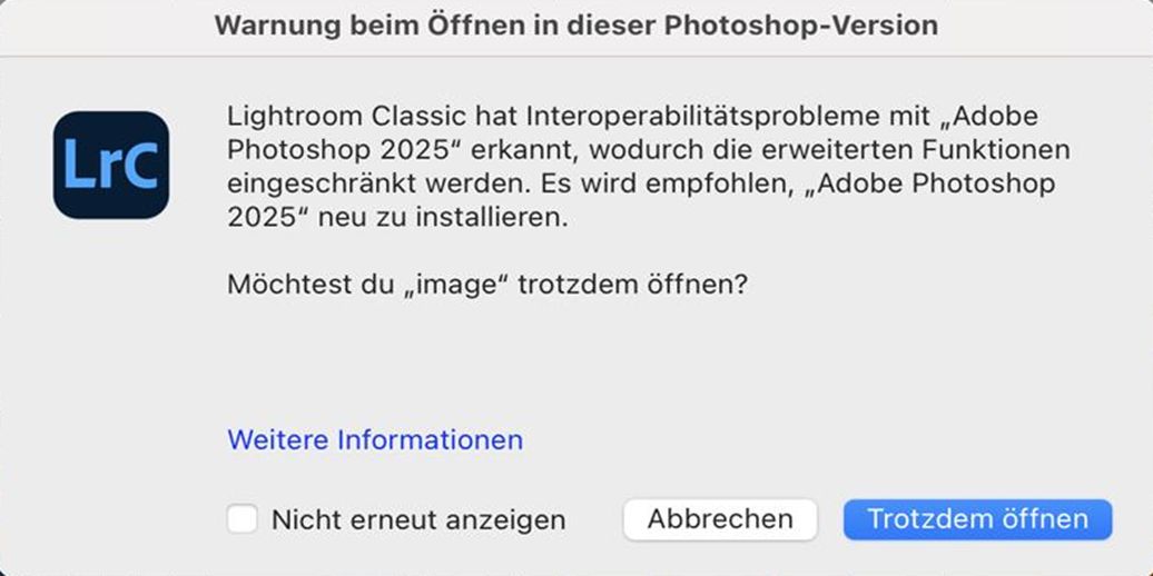 Warndialogfeld beim Öffnen einer Photoshop-Version
