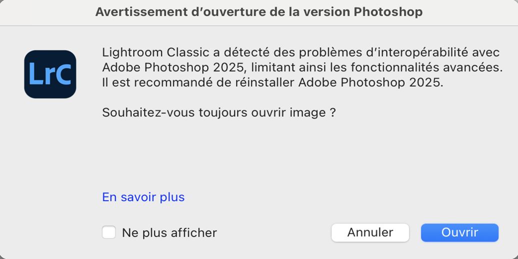 Boîte de dialogue d’avertissement d’ouverture de version de Photoshop