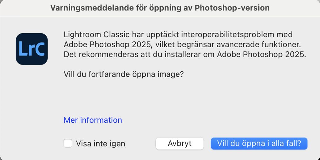 Varningsmeddelande om öppen Photoshop-version