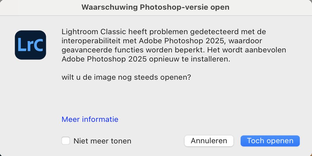 Dialoogvenster Waarschuwing Photoshop-versie open