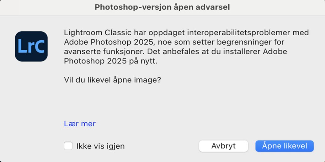 Advarselsdialogboks ved åpning av Photoshop-versjon