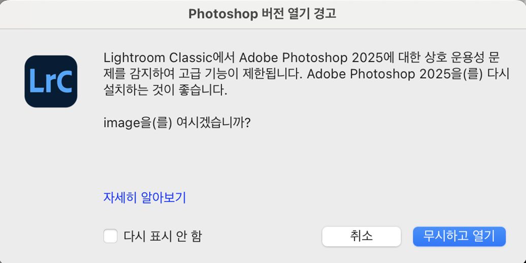 Photoshop 버전 열기 경고 대화 상자