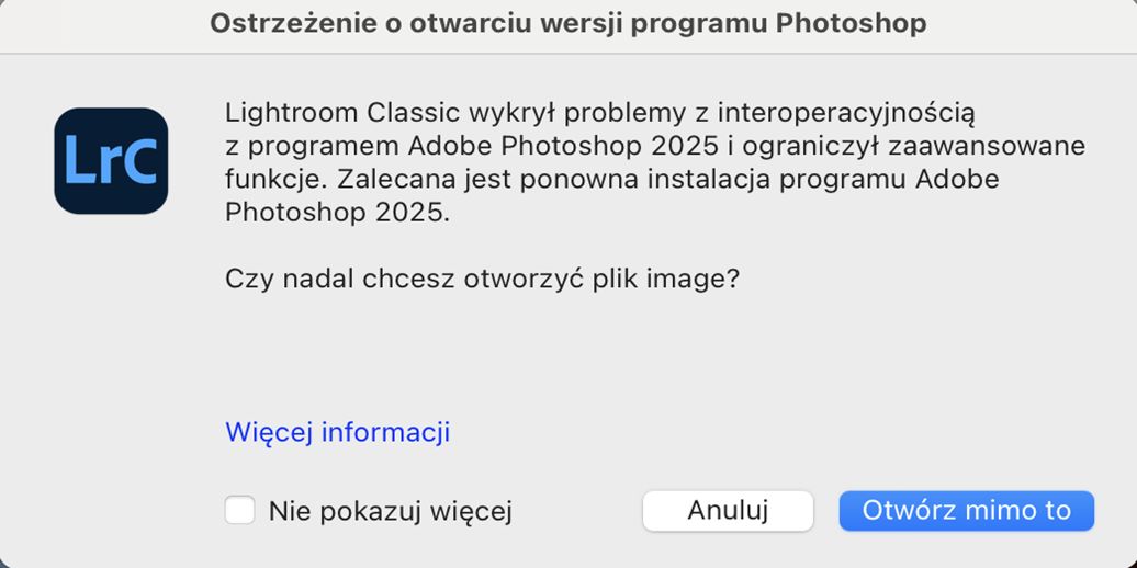 Okno dialogowe z ostrzeżeniem o otwarciu wersji programu Photoshop