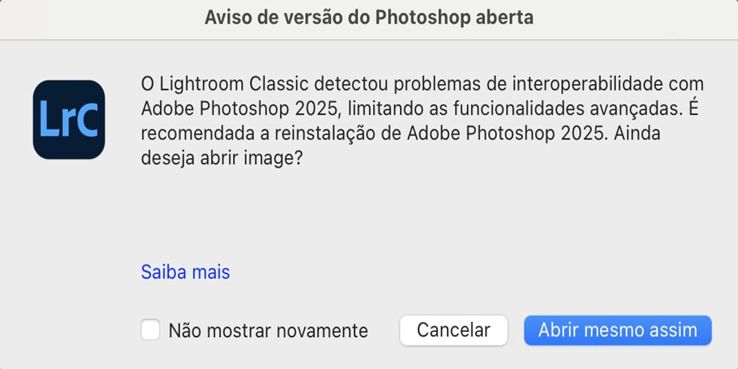 Caixa de diálogo de aviso de abertura da versão do Photoshop