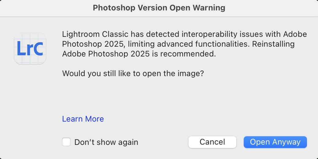 Photoshop version open warning dialog box