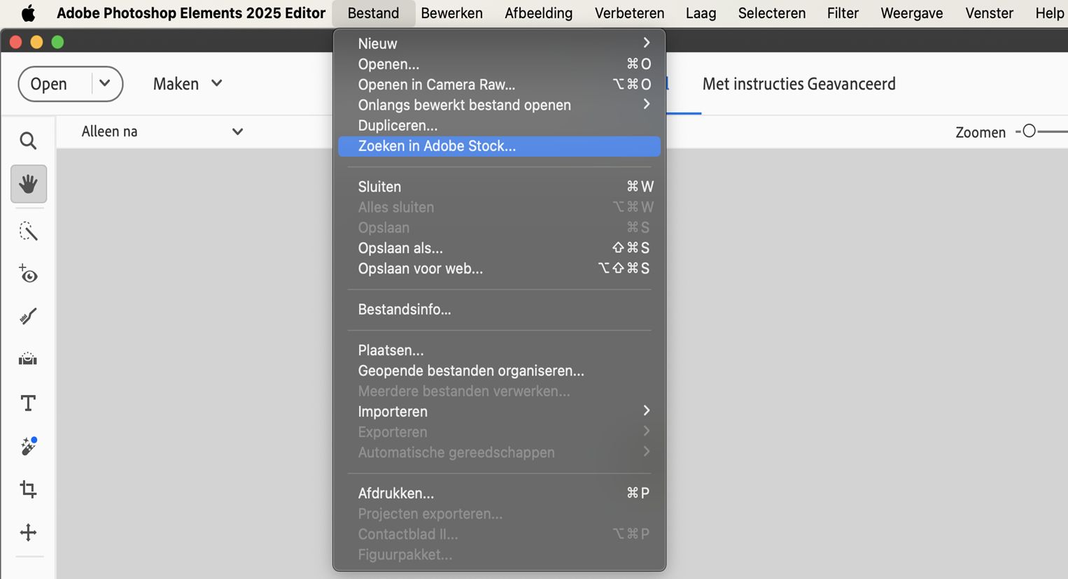  De optie Zoeken op Adobe Stock is beschikbaar in het menu Bestand. 