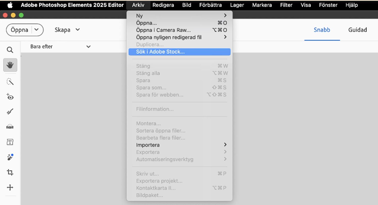  Alternativet Sök i Adobe Stock finns på Arkiv-menyn. 