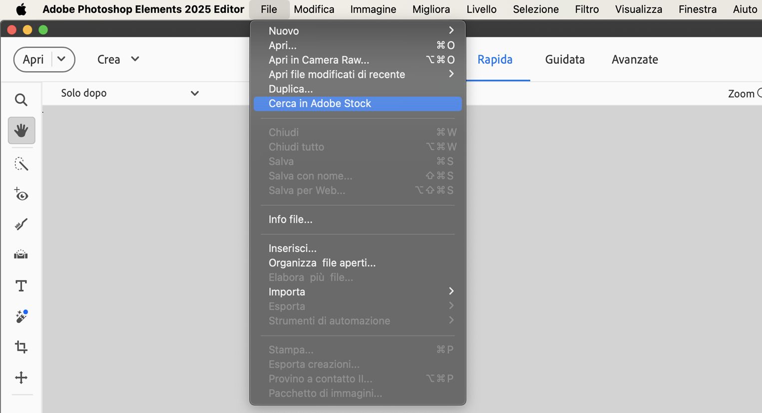  L'opzione Cerca in Adobe Stock è disponibile nel menu File. 