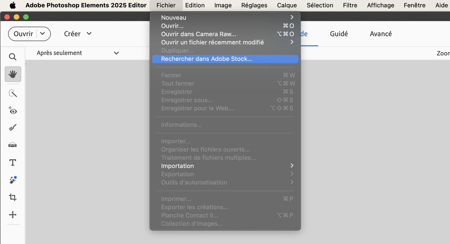  L’option Rechercher dans Adobe Stock est disponible dans le menu Fichier. 