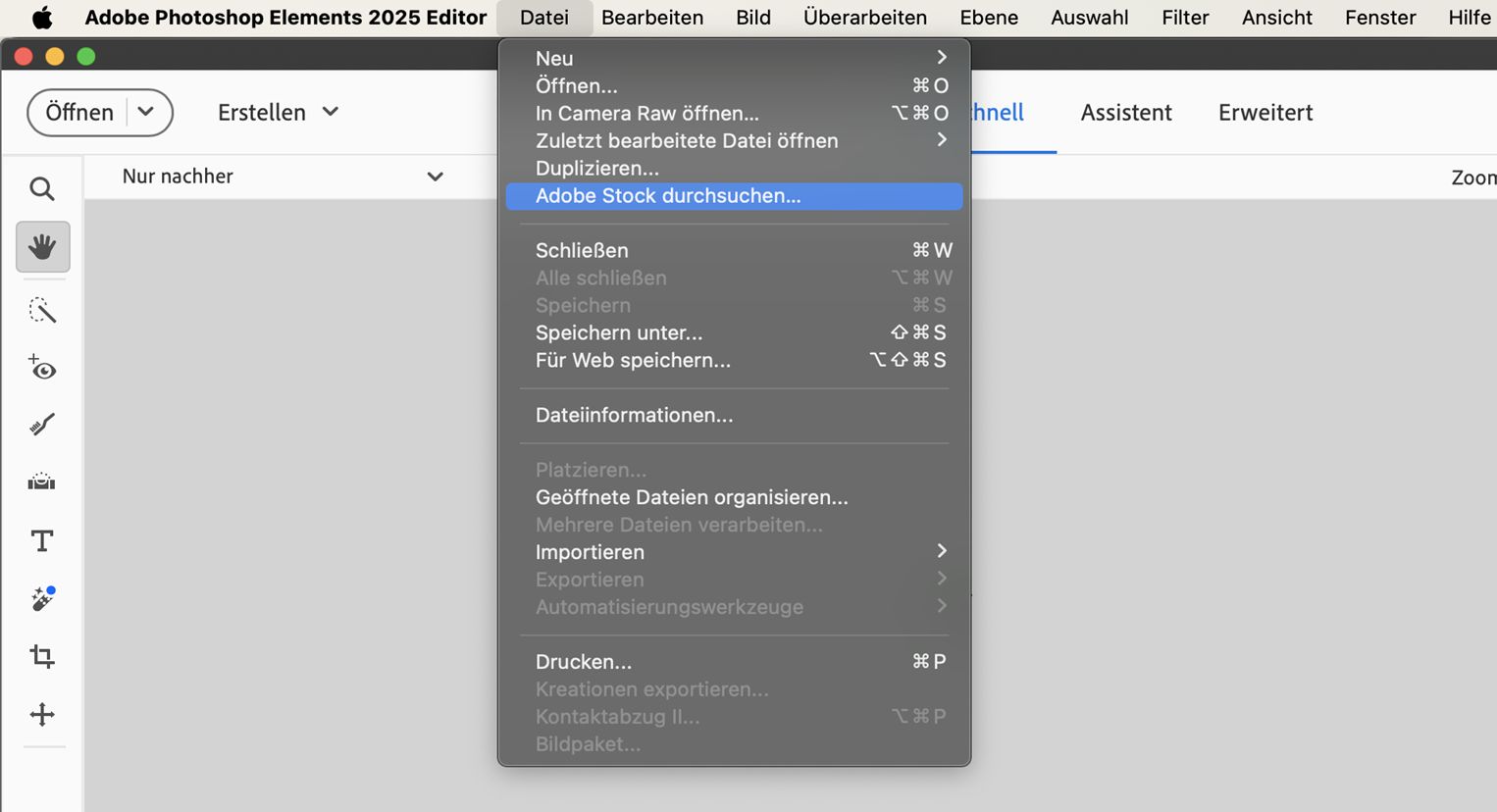  Die Option „In Adobe Stock suchen“ ist im Dateimenü verfügbar. 