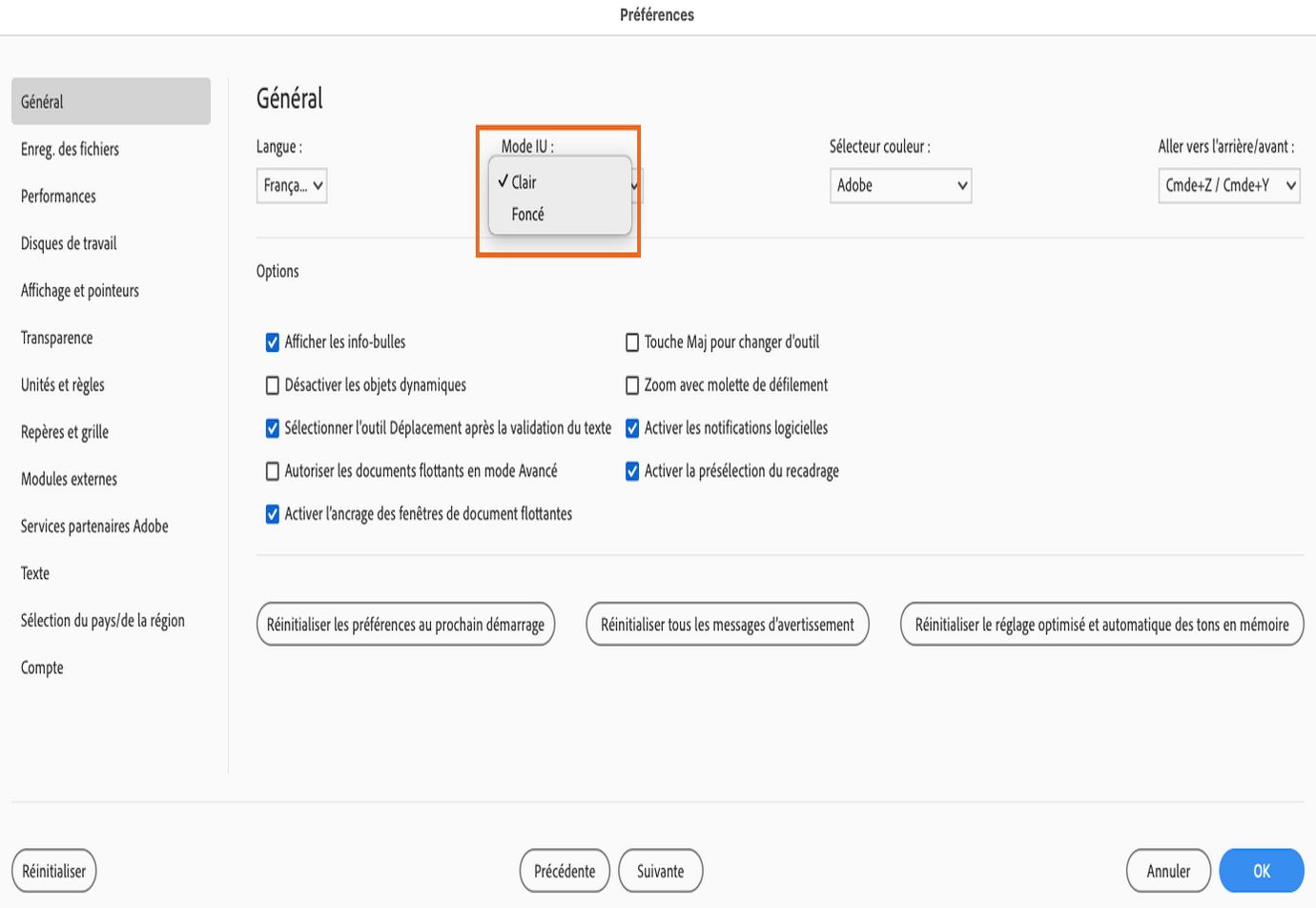 Choisissez le mode clair ou sombre dans Adobe Photoshop Elements.