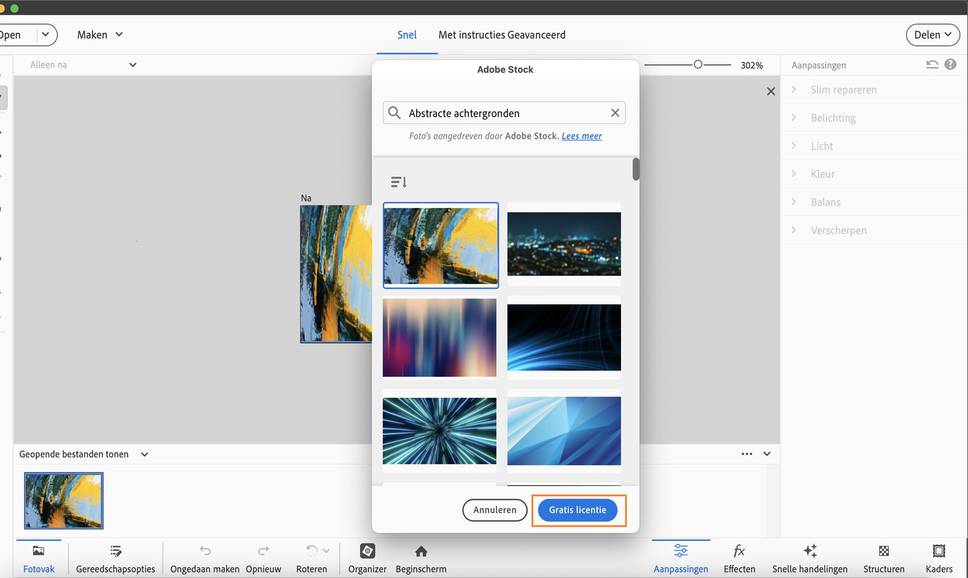 De knop Gratis licentie wordt weergegeven in het pop-upmenu van Adobe Stock.