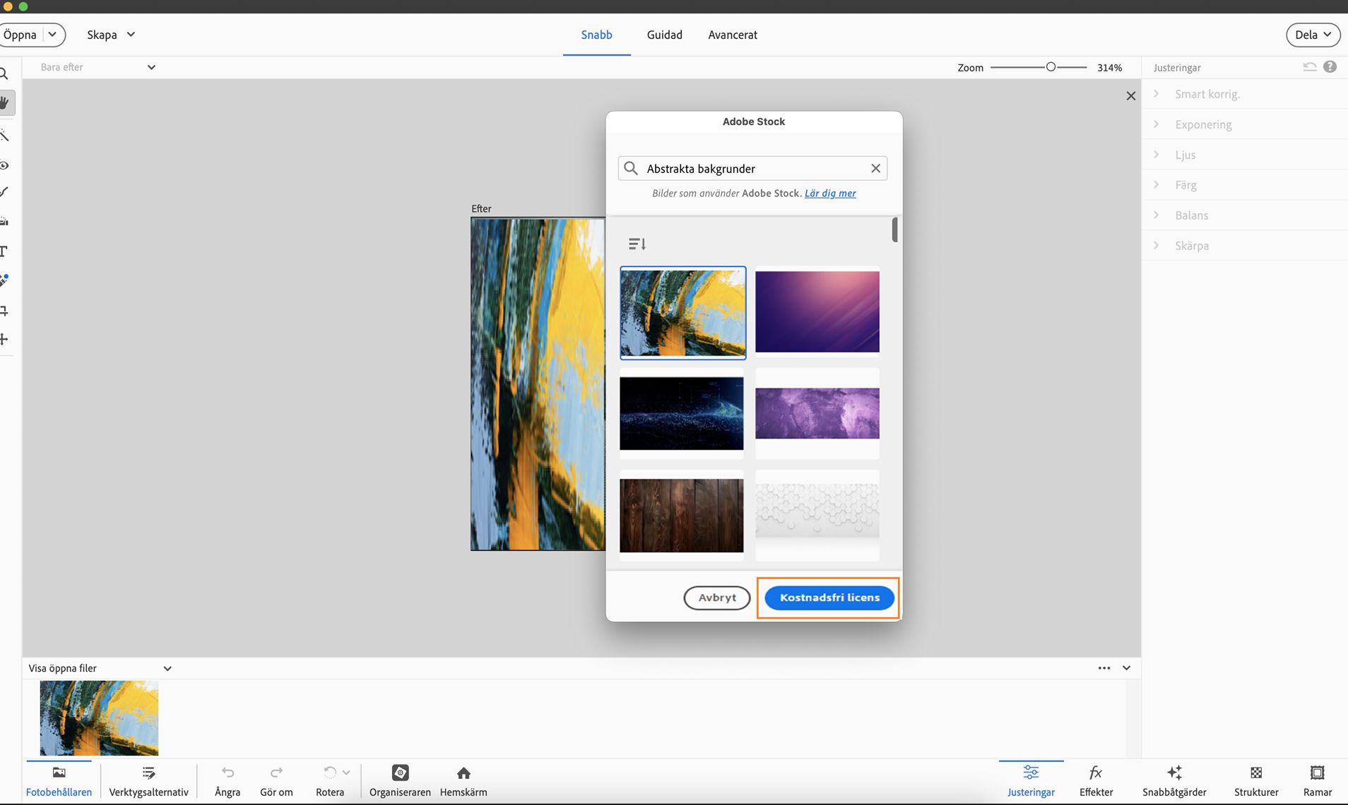 Knappen Kostnadsfri licens visas på snabbmenyn för Adobe Stock.