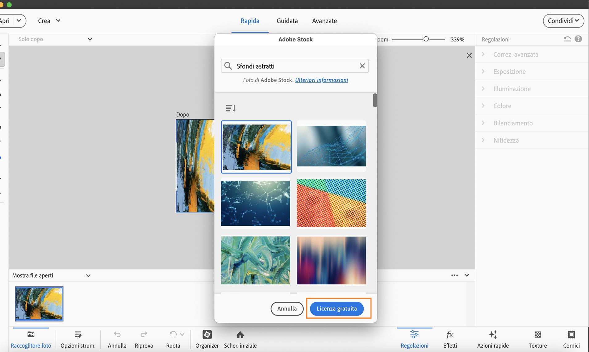 Il pulsante Licenza gratuita viene visualizzato nel menu a comparsa di Adobe Stock.