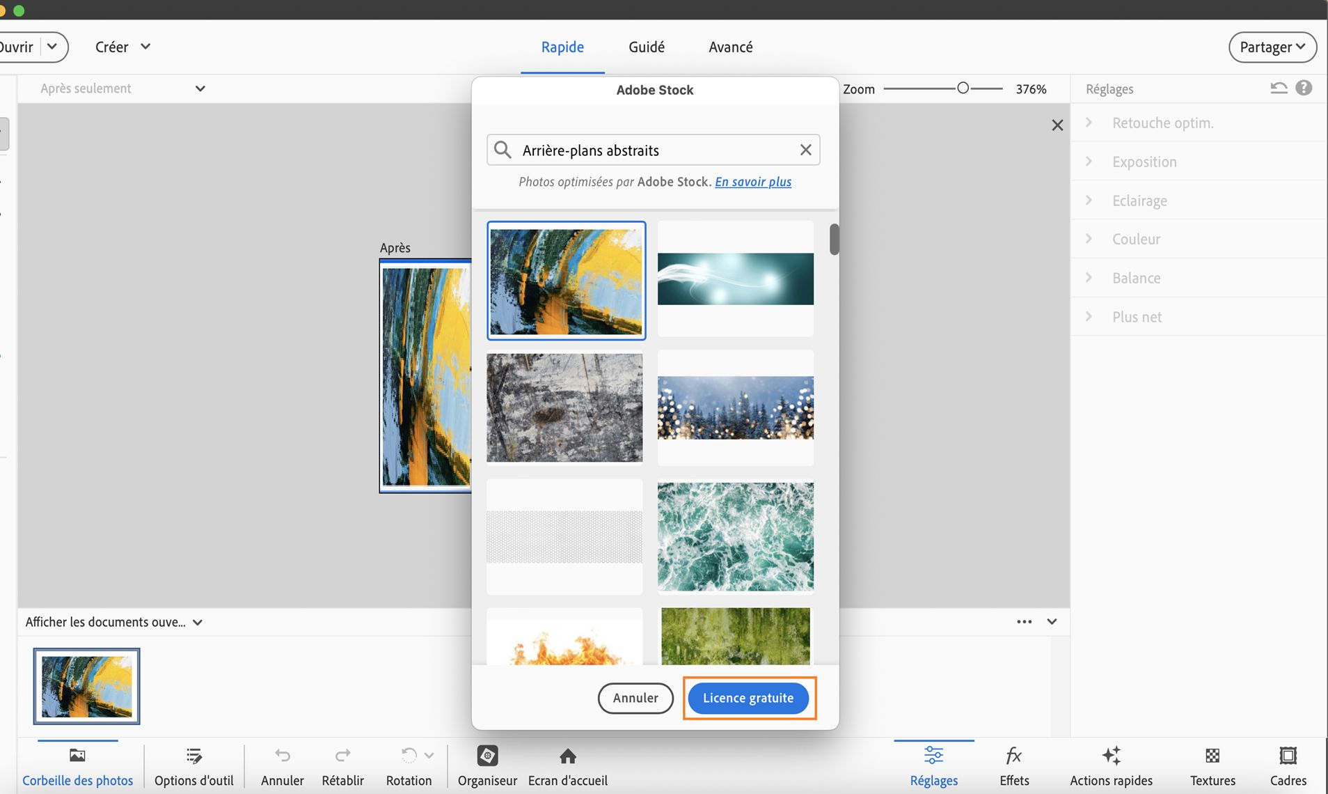 Le bouton Obtenir une licence gratuite s’affiche dans le menu contextuel Adobe Stock.