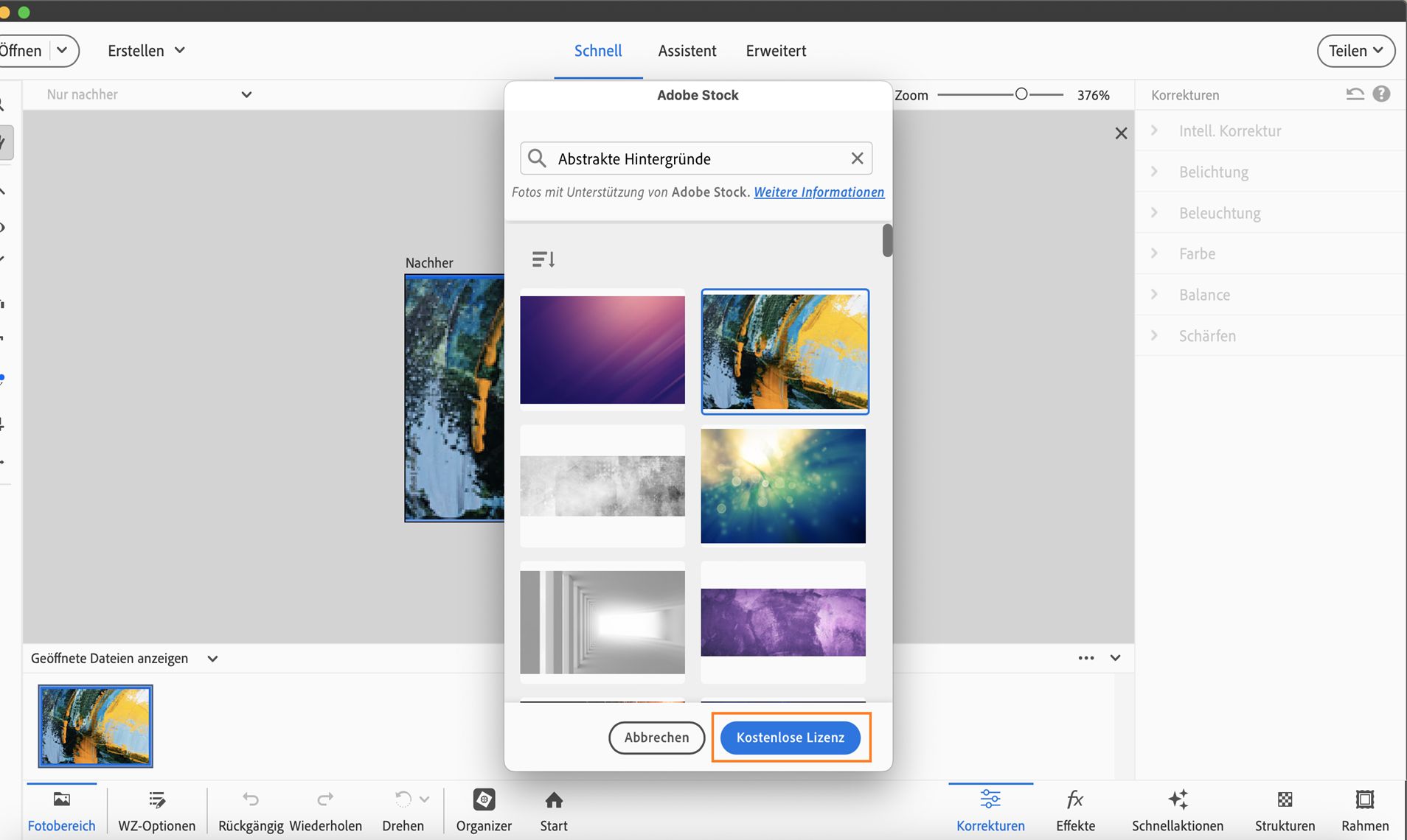Die Schaltfläche „Kostenlose Lizenz“ wird im Adobe Stock-Popup-Menü angezeigt.