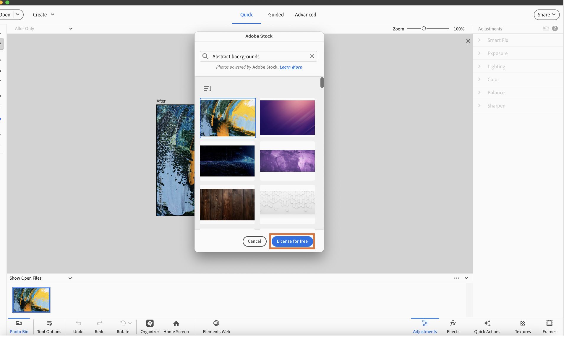 License for free button is shown on Adobe Stock pop-up menu.