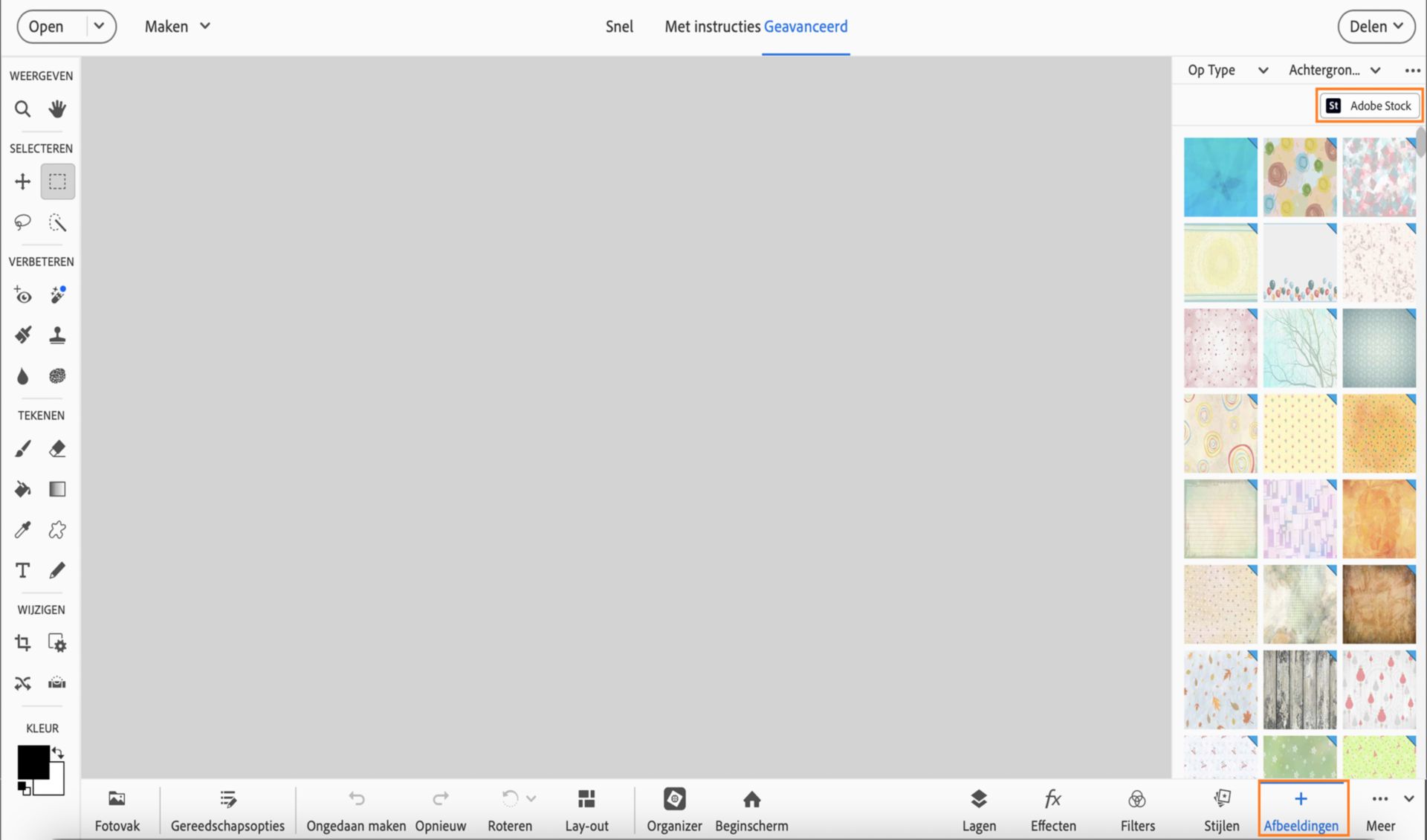 Vervang de stockafbeelding als achtergrond als een laag door Adobe Stock in het deelvenster Afbeeldingen te selecteren.