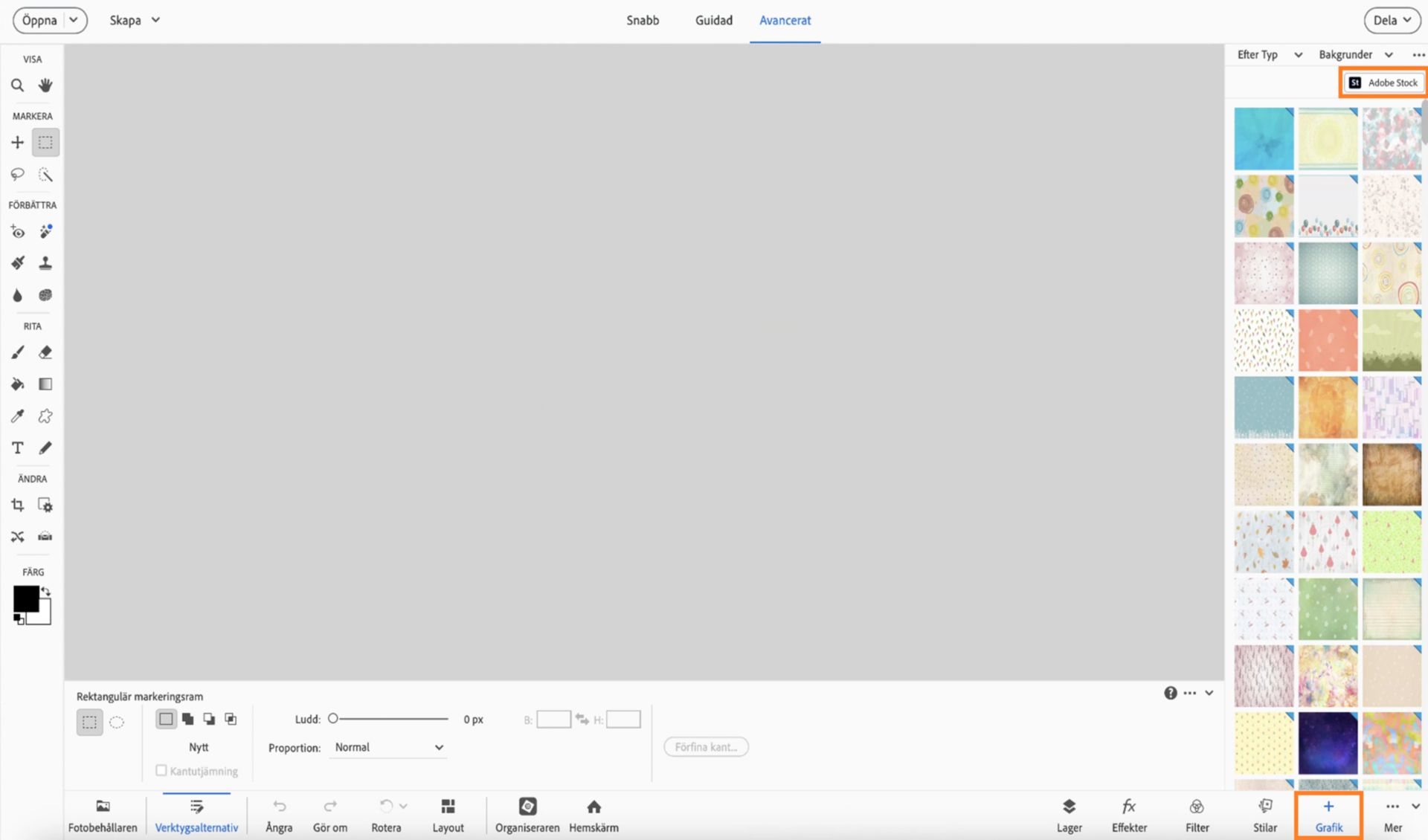 Ersätt stock-bilden som bakgrund som ett lager genom att välja Adobe Stock på panelen Grafik.