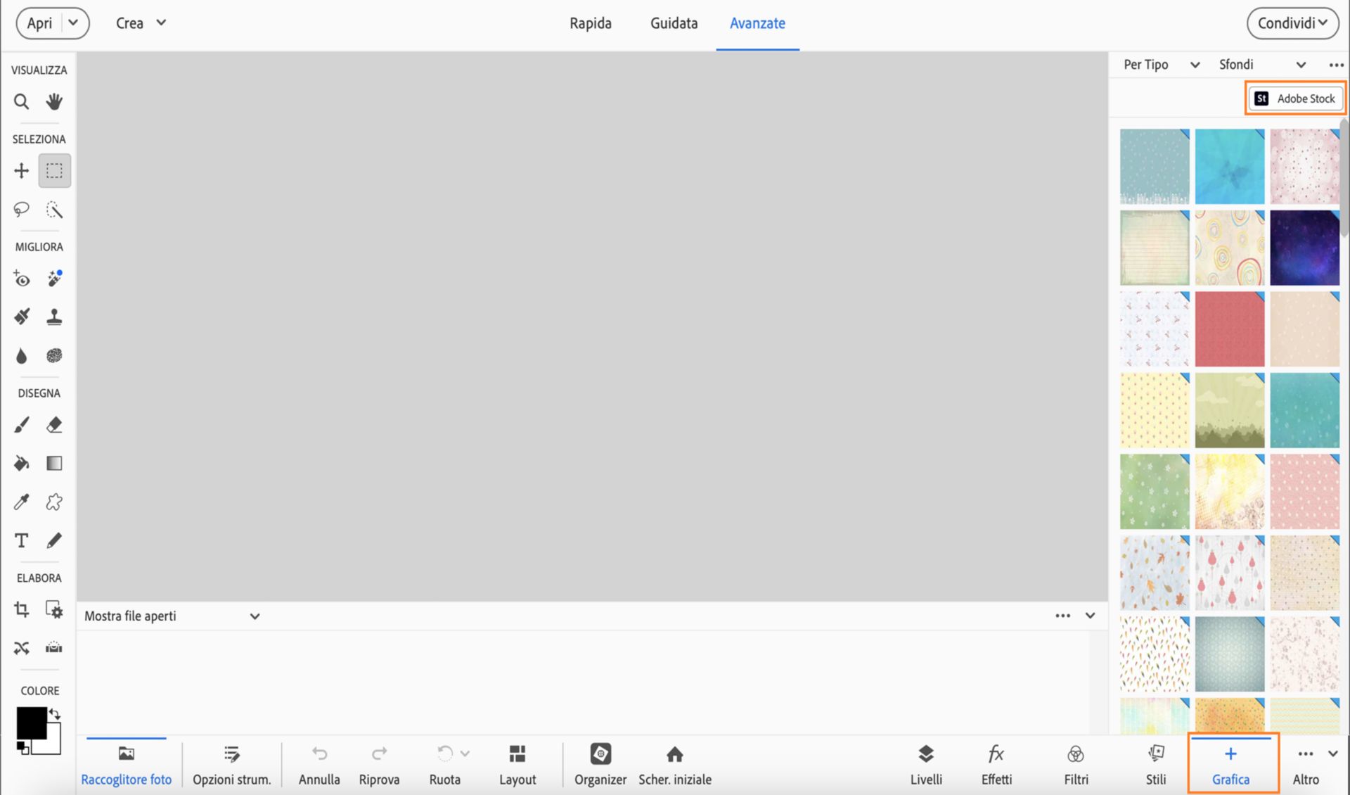 Sostituite l'immagine stock di sfondo come livello selezionando Adobe Stock nel pannello Grafica.