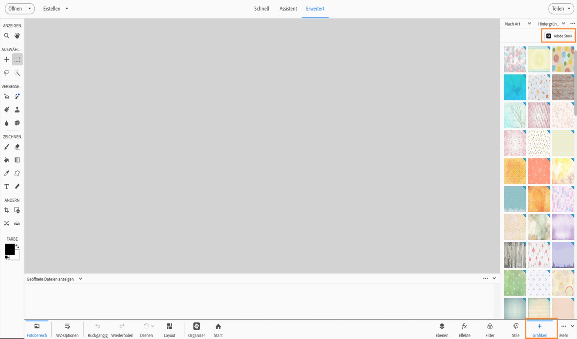 Wähle im Grafikbedienfeld „Adobe Stock“, um das Stock-Bild als Hintergrundebene zu verwenden.