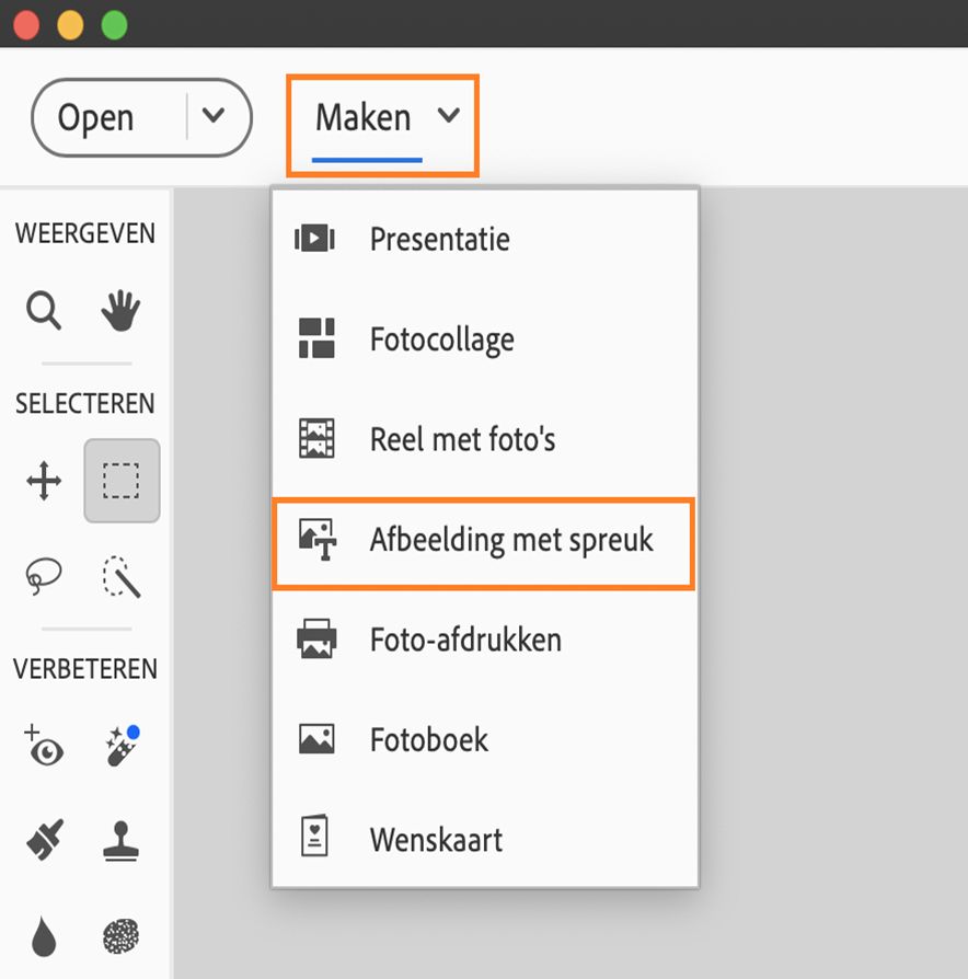  Het menu Afbeelding met spreuk wordt weergegeven in het deelvenster Maken.