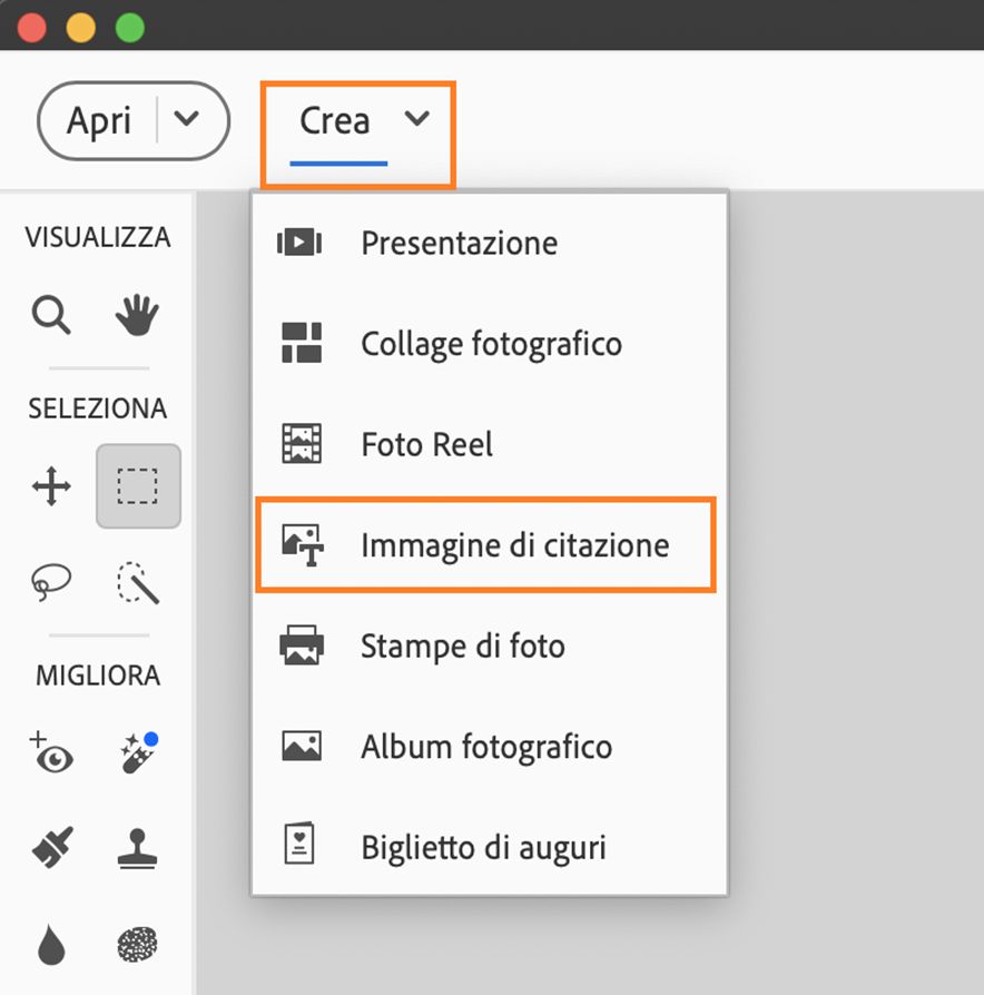  Il menu Immagine di citazione viene visualizzato nel pannello Crea.