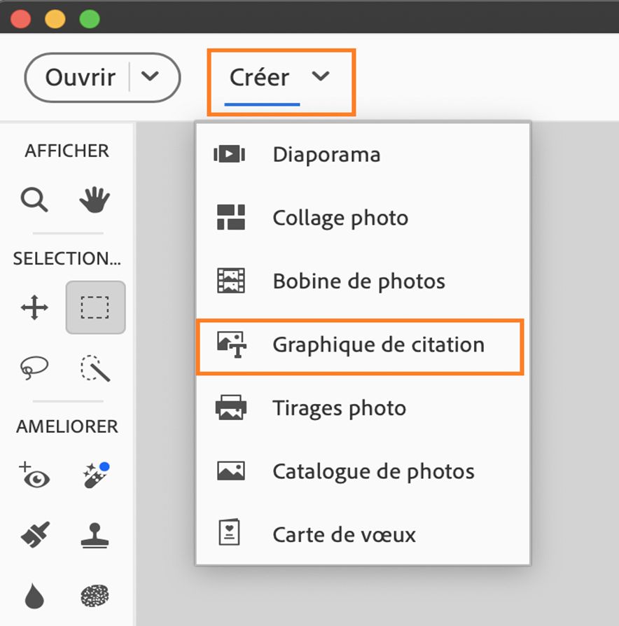  Le menu Graphique de citation s’affiche dans le panneau Créer.