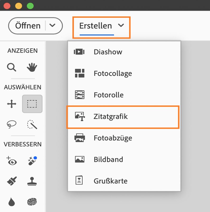  Das Zitatgrafik-Menü wird im Bedienfeld „Erstellen“ angezeigt.