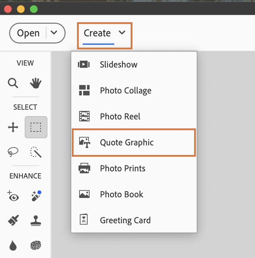  Quote Graphic menu is displayed in the Create panel.