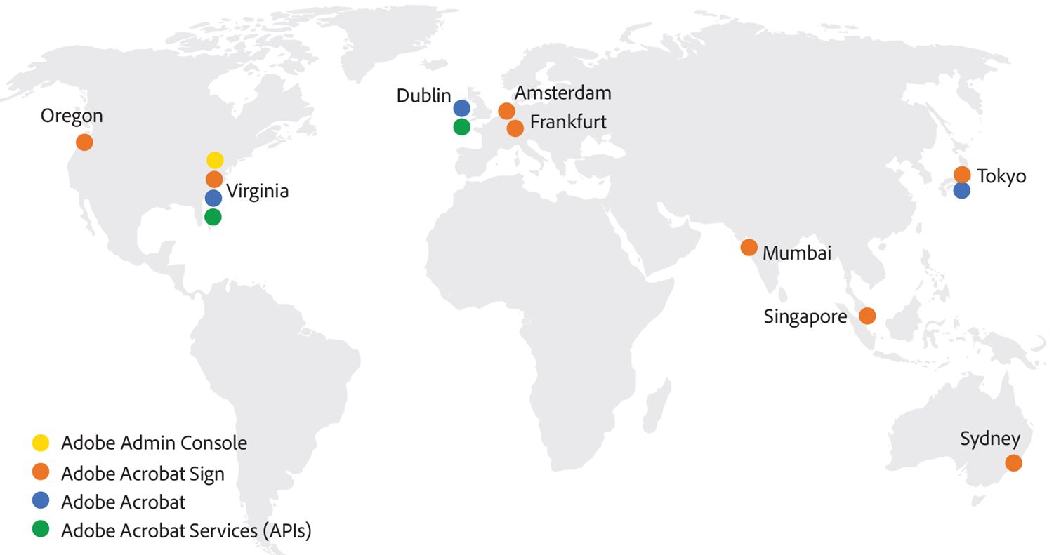 Mapa del mundo mostrando los puntos geográficos de cada centro de datos.