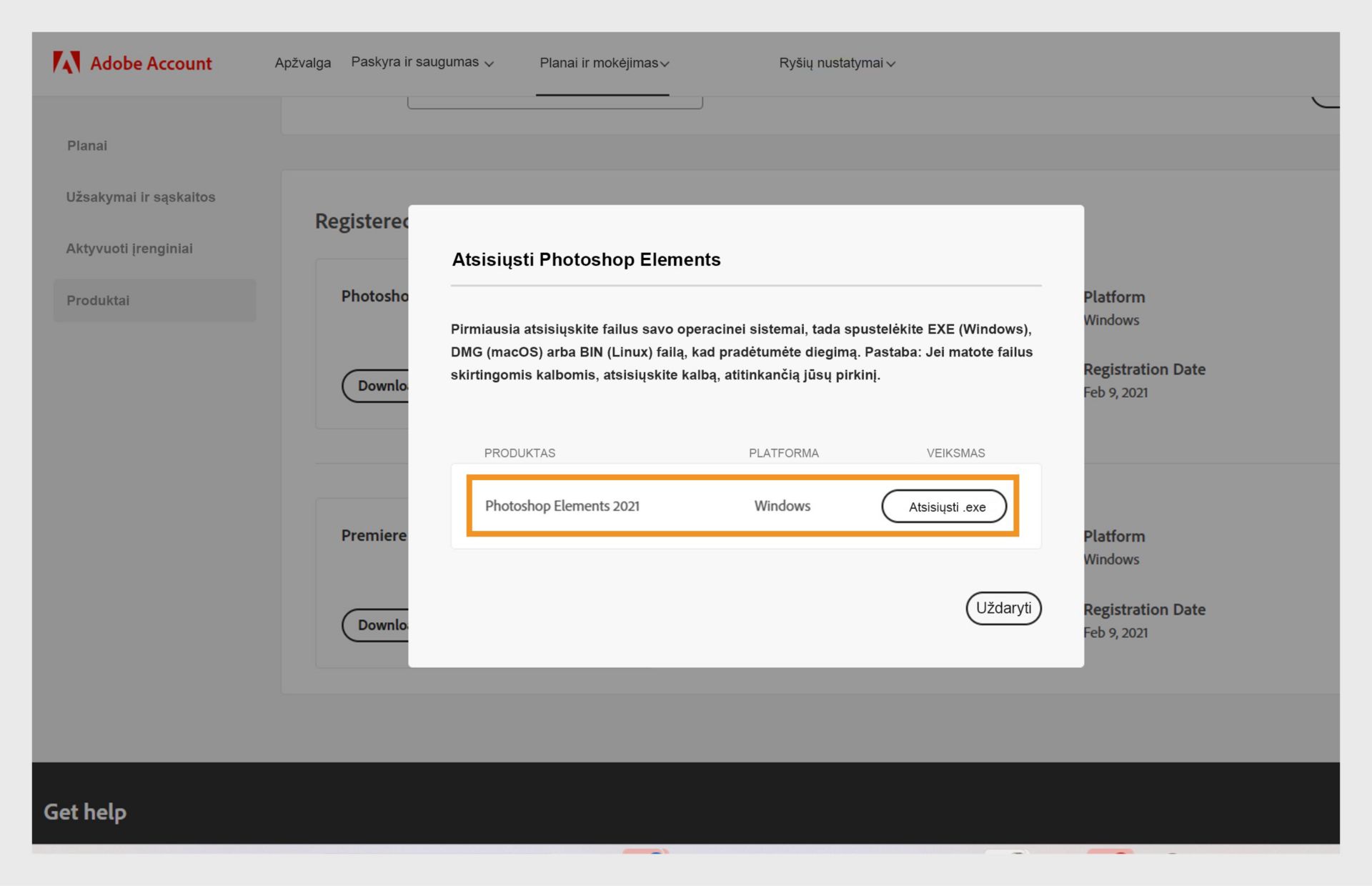 Atsisiuntimo langas atsidaro spustelėjus mygtuką „Atsisiųsti“ šalia programos, esančios skyriuje „Registruoti produktai“, ir suteikia galimybę atsisiųsti programos diegimo failą. 