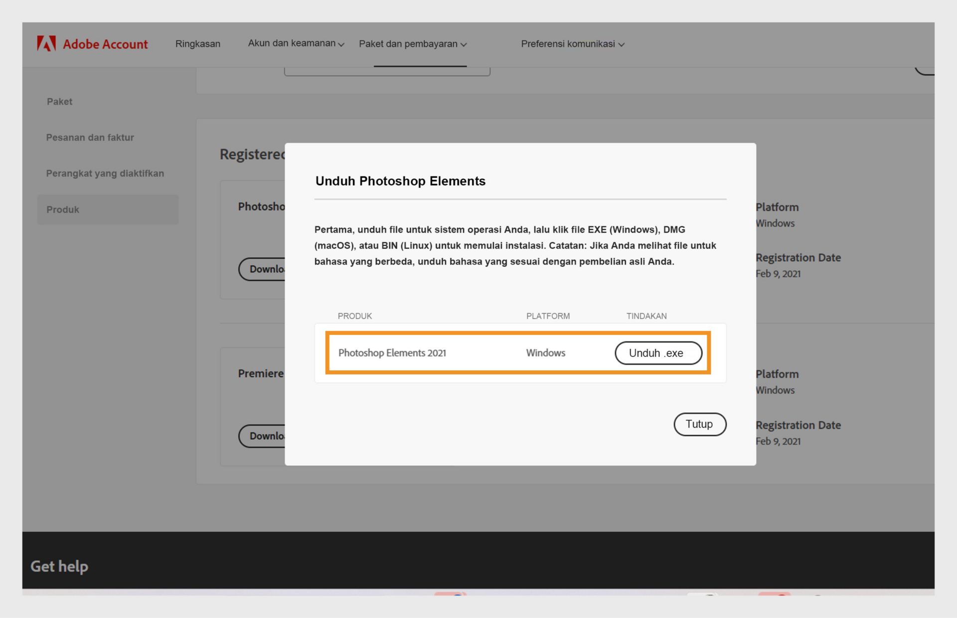 Jendela Unduh terbuka setelah Anda mengklik tombol Unduh untuk aplikasi Anda di bawah Produk terdaftar, dan memberikan opsi untuk mengunduh file instalasi untuk aplikasi Anda. 