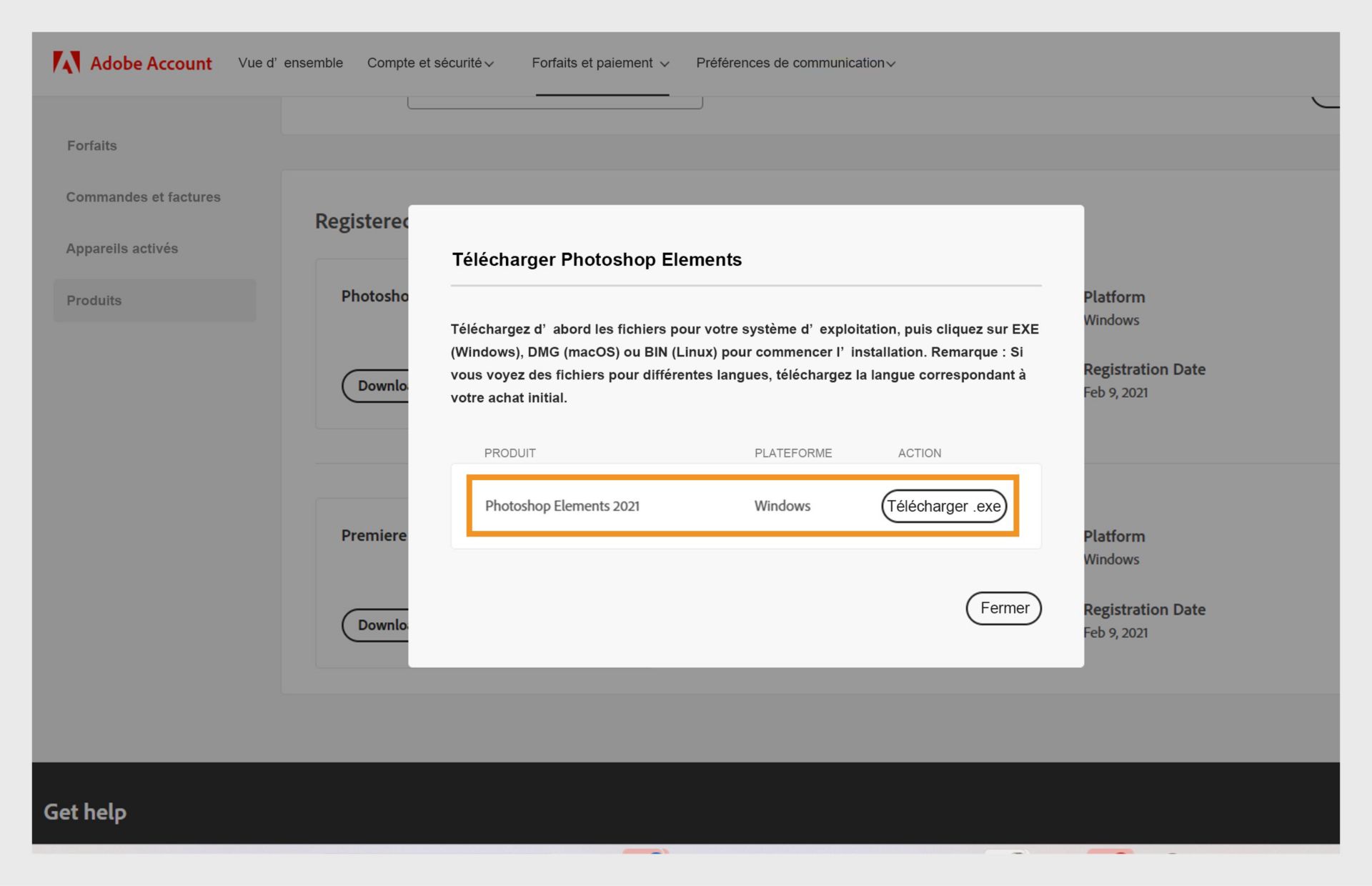 La fenêtre de téléchargement s'ouvre après avoir cliqué sur le bouton Télécharger pour votre application sous Produits enregistrés et propose l'option de télécharger le fichier d'installation de votre application.