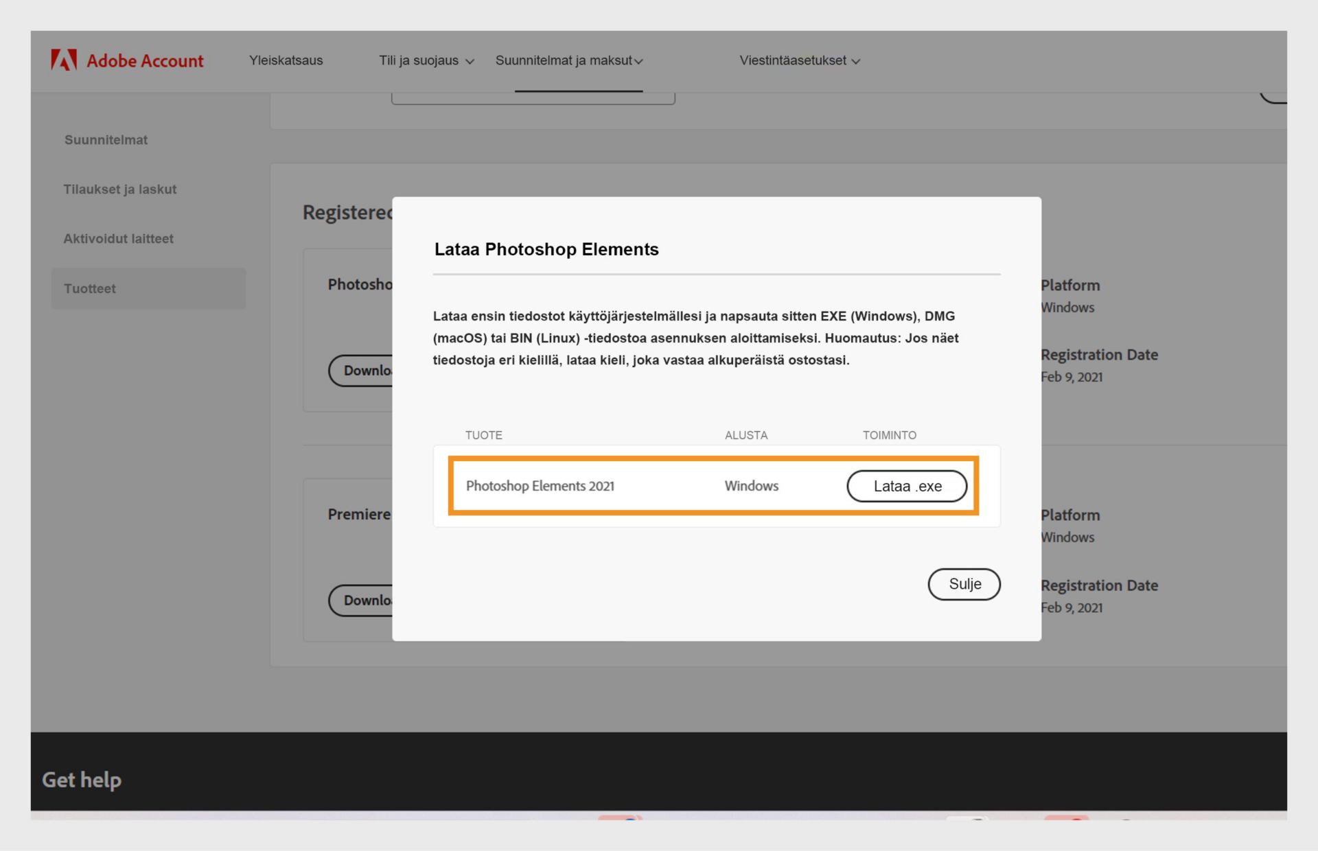Latausikkuna avautuu, kun napsautat Lataa-painiketta sovelluksellesi Rekisteröidyt tuotteet -kohdassa, ja se tarjoaa mahdollisuuden ladata sovelluksen asennustiedoston. 