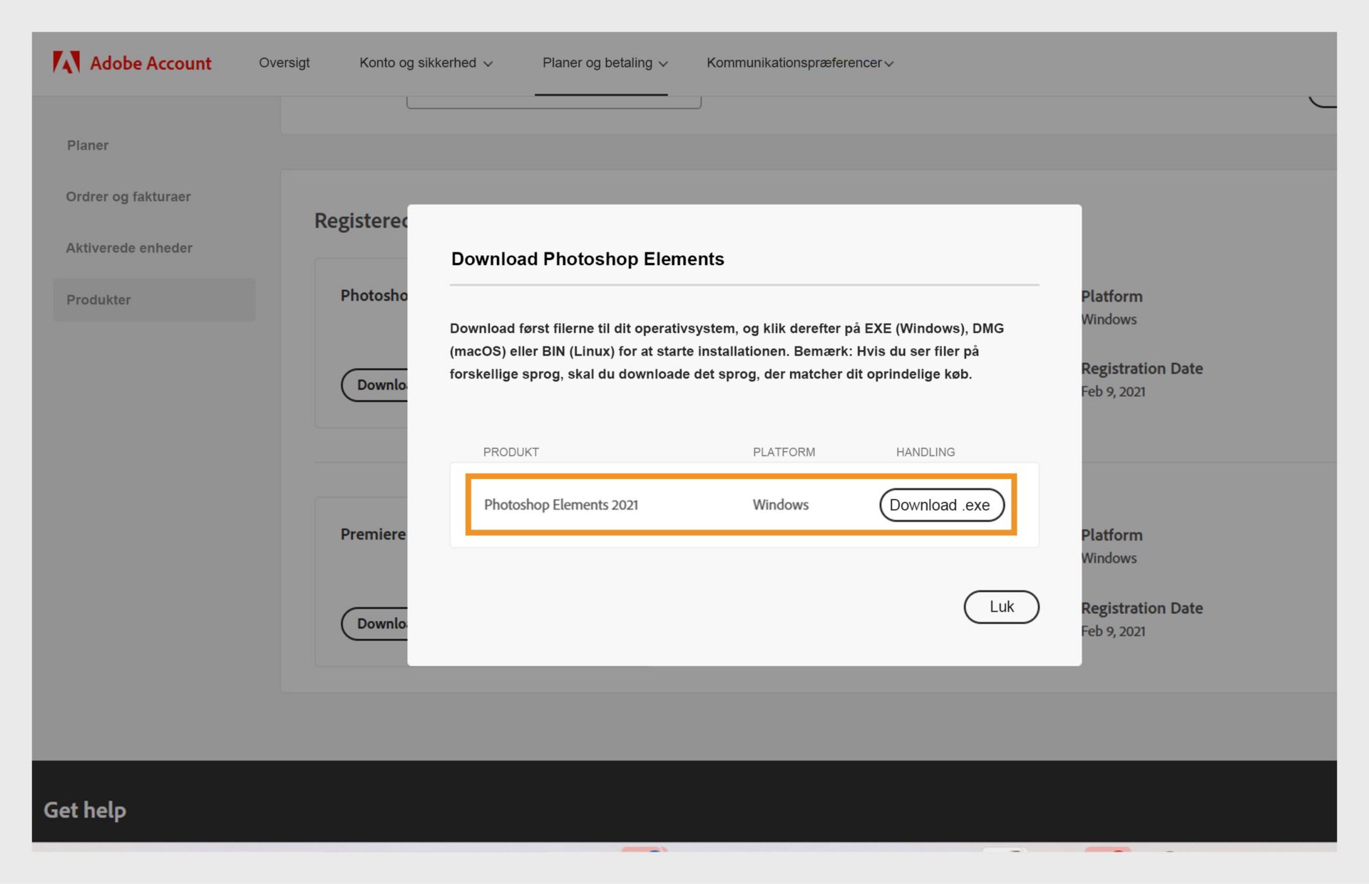Download-vinduet åbnes, efter du klikker på knappen Download for din app under Registrerede produkter og giver mulighed for at downloade installationsfilen til din app. 