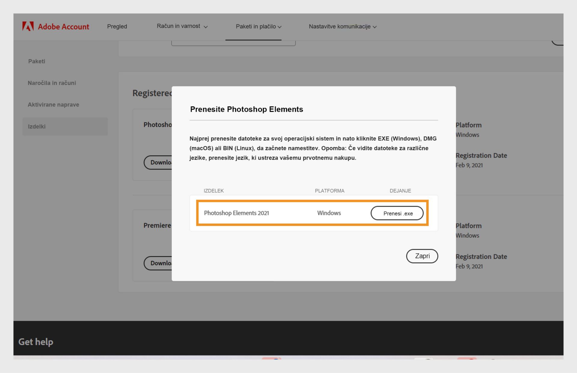 Okno za prenos se odpre, ko kliknete gumb za prenos za vaš program v razdelku Registrirani izdelki in ponuja možnost prenosa namestitvene datoteke za vaš program. 