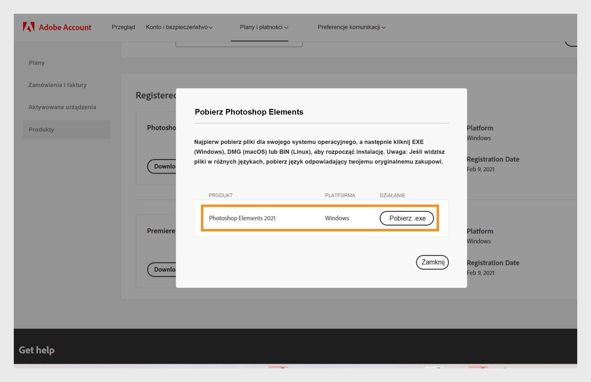 Okno Pobieranie otwiera się po kliknięciu przycisku Pobierz dla aplikacji w sekcji Zarejestrowane produkty i umożliwia pobranie pliku instalacyjnego aplikacji.