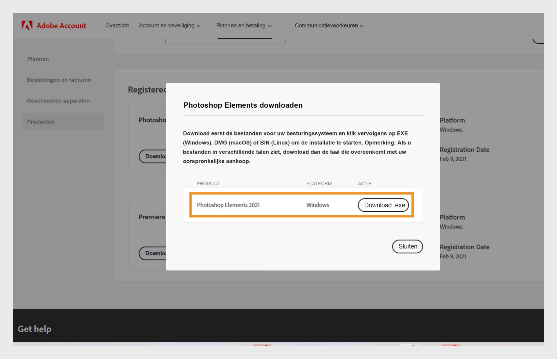 Het venster Downloaden wordt geopend nadat u op de knop Downloaden voor uw app onder Geregistreerde producten hebt geklikt en biedt de mogelijkheid om het installatiebestand voor uw app te downloaden. 