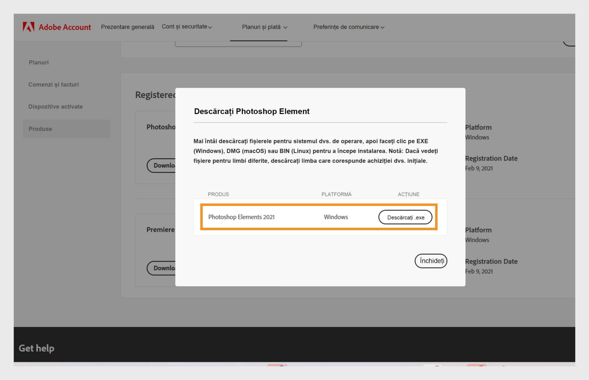 Fereastra Download se deschide după ce faceți clic pe butonul Download pentru aplicația dvs. din Registered products și oferă opțiunea de a descărca fișierul de instalare pentru aplicația dvs. 